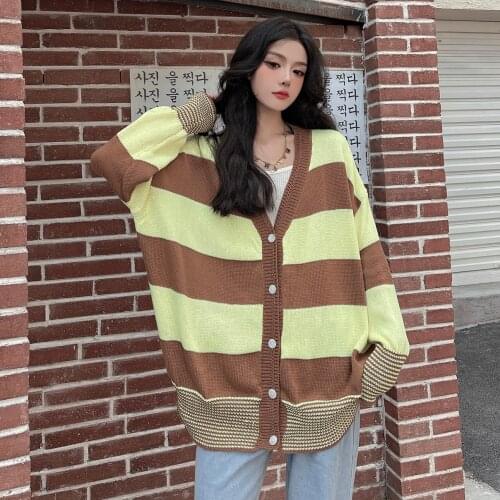 Autumn Korean of loose v-neck stripes lazy style thin section long-sleeved cardigan sweater