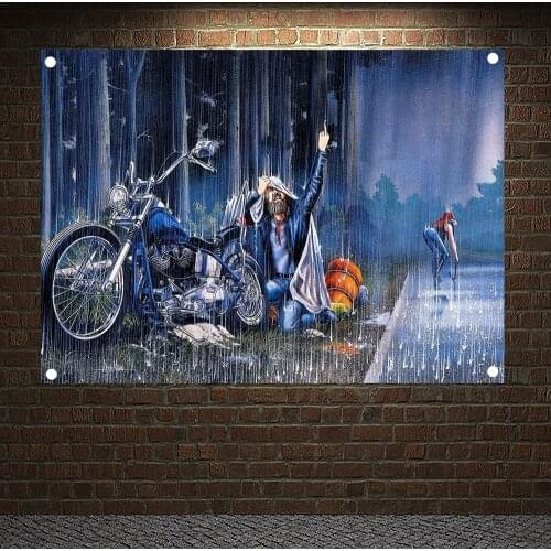 Rain Motorcycle Rider Posters Banners Wall Hanging Ornaments Wall Art Flags Canvas Painting Home Decoration Sticker Tapestry