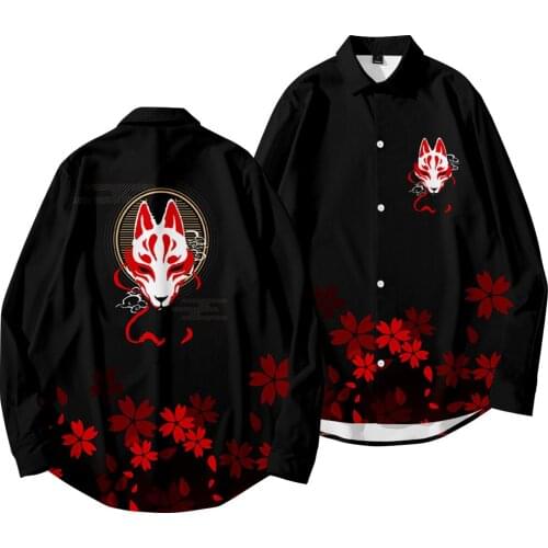 Spring Men Harajuku Black Fox Print Shirt Streetwear Thin Long Sleeve Shirts Male Vintage Fashions Clothes