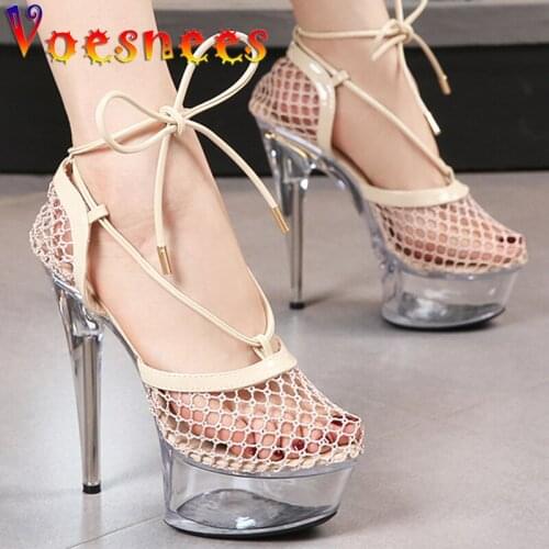 2021 Summer Mesh Sandals Cross Lace-Up Walk Show Women Shoes Transparent Thin High Heel Female Sandals Sexy Platform Party Shoes