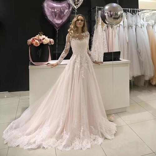 A-line Long Sleeves Sequined Lace Blush Tulle Wedding Dress Sheer Bridal Dress New Arrival vestido de madrinha