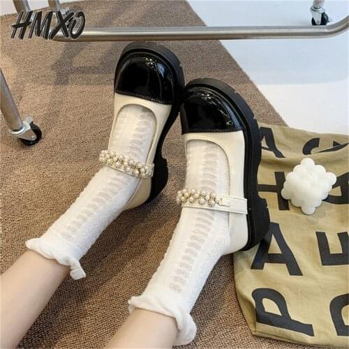 HMXO Thick-soled Retro Jk Shoes Black Pearls Shallow Mouth Gentle Round Head Mary Jane shoes Hepburn Leather Shoes Women Shoes