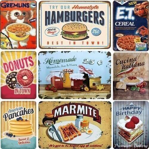 Delicious Food Metal Sign Vintage Donuts Hamburger Tin Plate Retro Iron Painting Wall Decor For Kitchen Sitting And Dining Room
