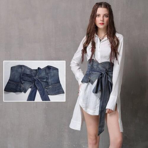 Yellow And Blue Retro Denim Belt Womens Clothing Simplicity Personality Splicing Slim Girdle Top Cummerbunds