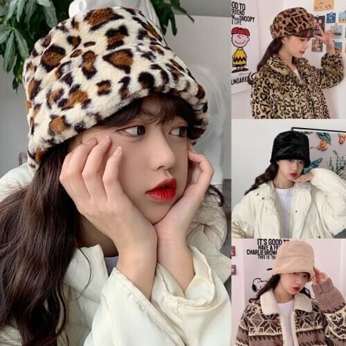 Women Winter Fuzzy Plush Warm Dome Bucket Hat Leopard Harajuku Fisherman Cap Y1QD