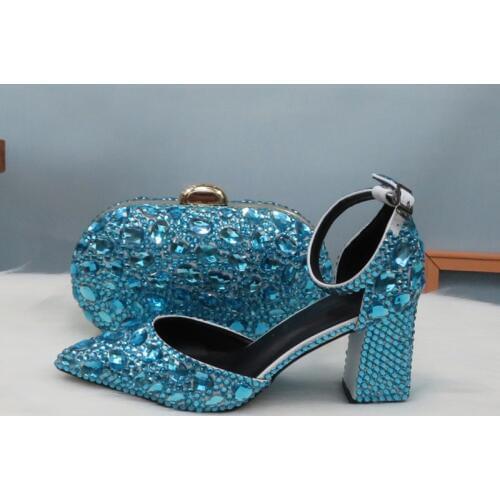 2020 New Arrival Summer Sky Blue Crystal Sandals Womens wedding shoes Bride Fashion Pointed toe Thick Heel Buckle Sandals woman