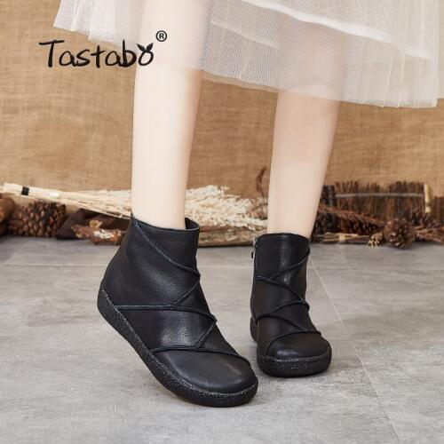 Tastabo 2019 Original manual Genuine Leather booties mid heel Retro womens shoes Brown Black SD1968-1 soft bottom casual style