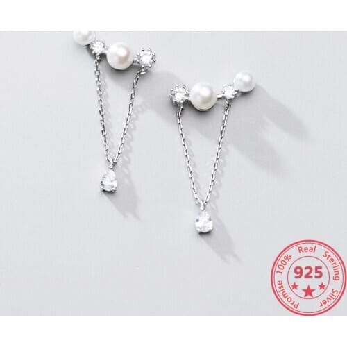 100% S925 Sterling Silver Stud Earrings Female Korean Style Fashion Fresh Diamond White Pearl Tassel Ear Accessories Jewelry