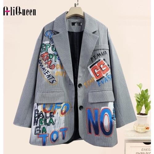 Women Streetwear Plaid Suit Coat Jacket Female Chic Causal Graffiti Print Tailored Coat Korean Suit Outerwear Loose Jackets