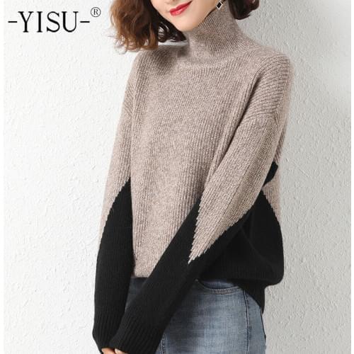 YISU Women Winter Sweater Turtleneck Stitching color Winter tops Long sleeve Warm Casual Jumper Fashion Thicken Knitted pullover