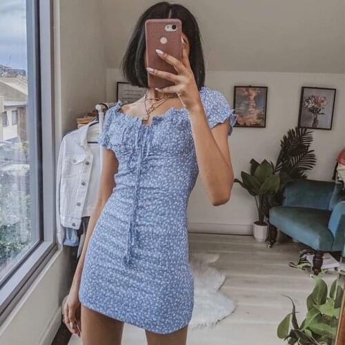 Women mini dress Center Bow Summer Vintage Blue Floral Print Beach Slim vestidos dropshipping clothes vintage brandy dresses y2k