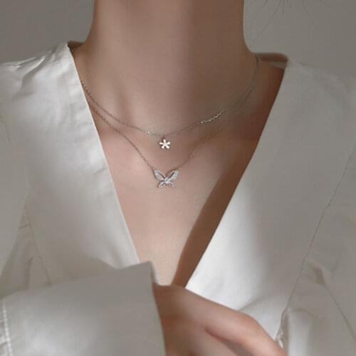 VENTFILLE 925 Sterling Silver Shiny Zircon Butterfly Flowers Necklaces for Women Exquisite Chain Light Luxury French Jewelry