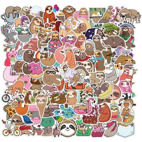 100 Pcs Cartoon Sloth Graffiti Stickers Luggage Notebook Helmet Cute Decoration Stickers