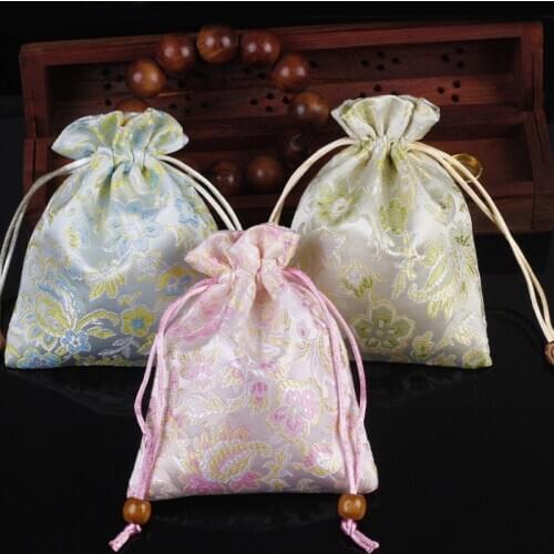 Drawstring Small Silk Satin Bag Jewelry Pouch High Quality Wedding Party Favor Bags Floral Gift Packaging Sachet 3pcs/lot