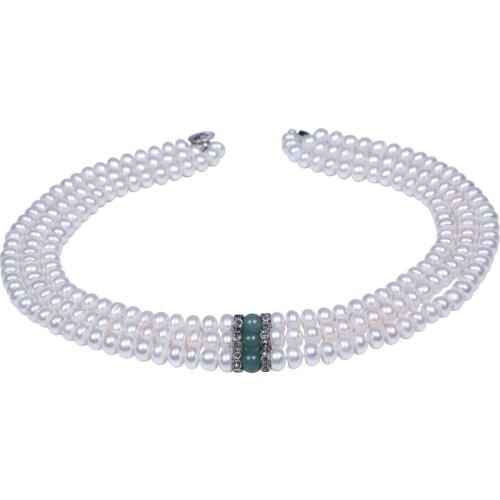 8-9mm Button Shape Freshwater Pearl Beaded Three Layer Green Stone Necklace