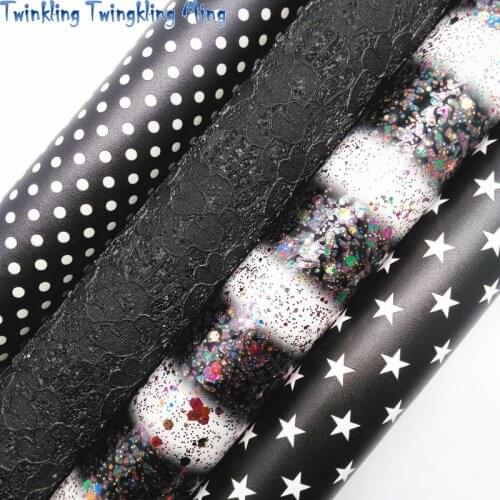 Black Lace Glitter Leather, Stars Dots Printed Faux Fabric, Stripes Synthetic Leather For Bow 21x29CM Twinkling Ming KM458