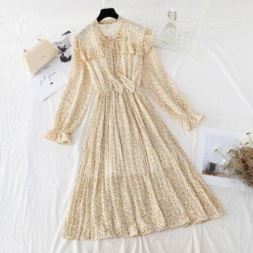 Elegant Dress Women Floral print Long Sleeve Party Dress Office Lady O-Neck Slim Chiffon Midi Dress 2021 Spring Clothing Female