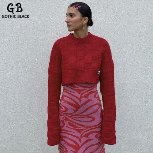 Gothblack Sweater Plaid Texture Long Sleeve Short Woolen Red Retro Simple Loose Knitted Tops Streetwear Causal Elegant Fashion