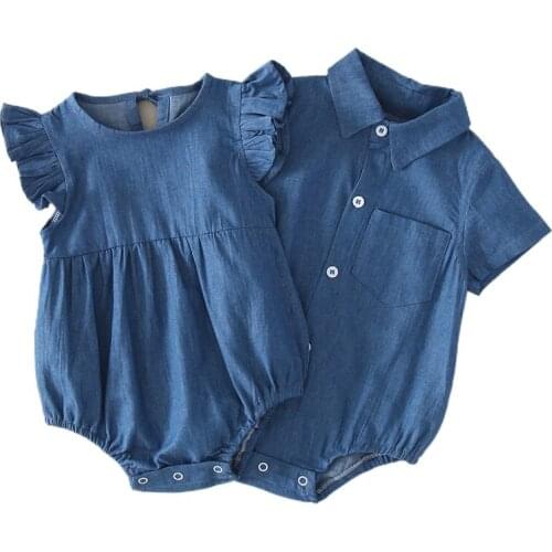 Newborn Baby Bodysuits Baby Boys Denim Clothes Baby Girls Cowboy Clothing Infant Summer Short Sleeves Brother Sister Bodysuits