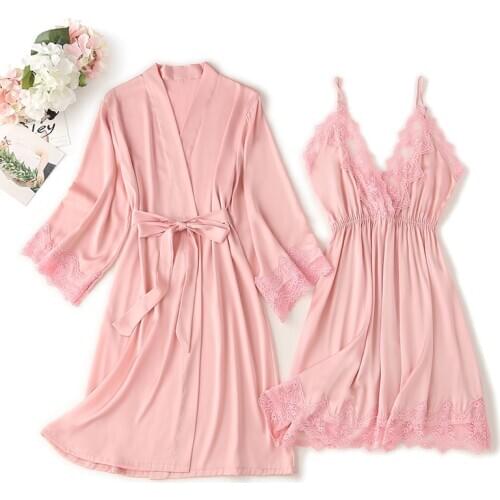 Women Pajamas Sets Sexy V-Neck Nightgown Satin Robe Home Wear Bathrobe + Mini Night Dress Sleepwear Suit