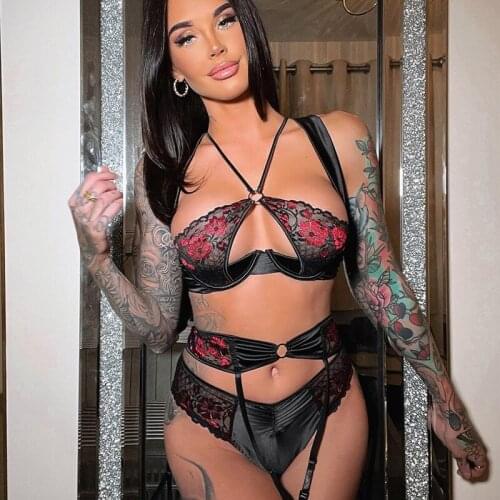 Yimunancy 3-Piece Lace Bra Set Women Cut Out Halter Bra + Panty Underwear Set Ladies Sexy Lingerie Set