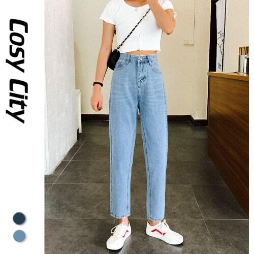 2021 New Korean Fashion Blue High Waist Baggy Jeans Straight Leg Classic Pants For Women Girls Denim Lady Ankle Length Trousers