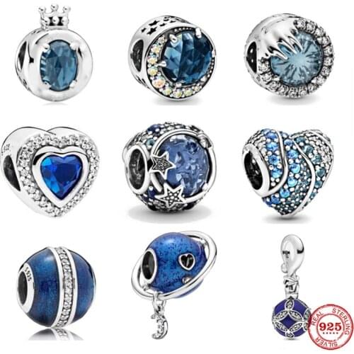 New 925 Silver Blue Asteroid Pangle Star Heart Ball Fit Pandora Original Bracelet Charms Beads For Women DIY Jewelry