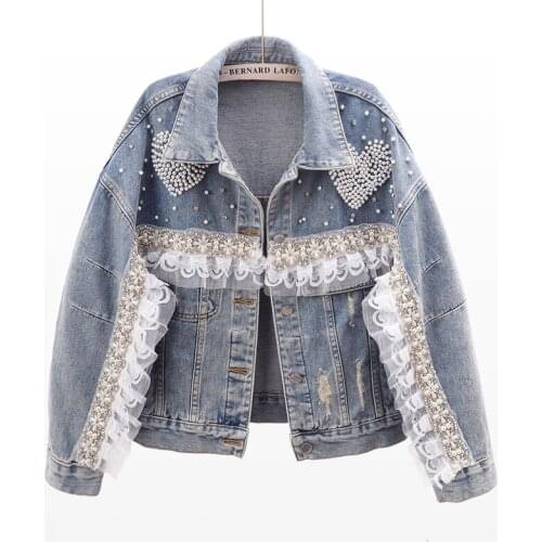 2021 Autumn New Lace Beaded Denim Jacket Women Korean Vintage loose Single-Breasted Short Jeans Coat Female Clothes tide H1740