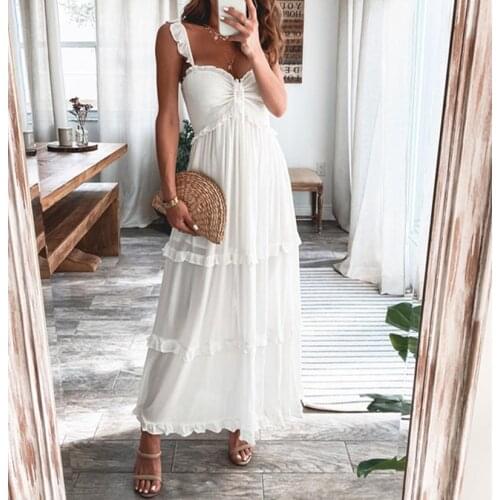 Summer Ladies Casual Beach Dress Ruffle Sleeve Tie Up Ruched Chest Strapless Backless Long Sundress Vacation Women Red White