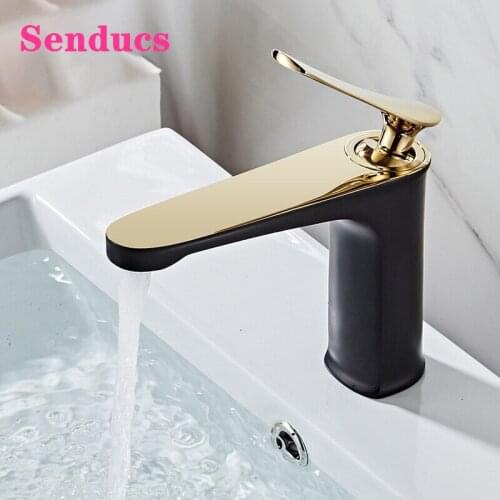 Bathroom Faucets Senducs Black Gold Basin Mixer Tap Deck Mounted Copper Brass Bathroom Mixer Tap Hot Cold Basin Mixer Faucets