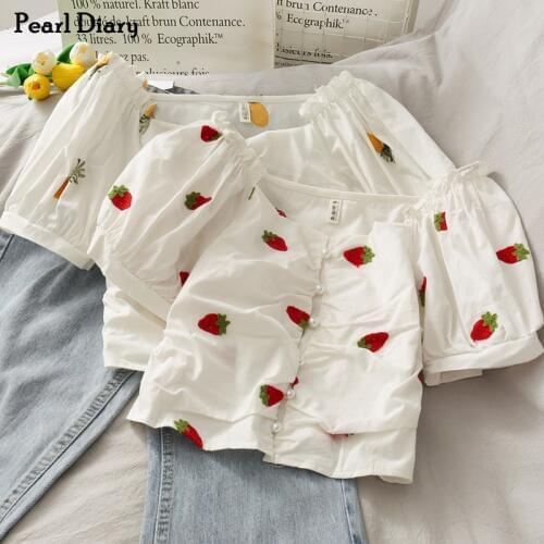Pearl Diary Womens Fruit Embroidery Blouse Pearl Button Front With Puff Sleeves White Crop Top With Sweetheart Neck Frill Trim