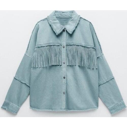 Women Autunm Oversized Frayed With Fringe Denim Jacket Coat Vintage Long Sleeve Jeans Jacket Tassel Female Outerwear Chic Tops