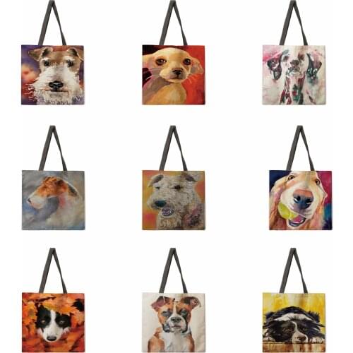 Womens beach bag foldable shoulder bag shopping bag colorful oil painting dog print tote bag linen casual tote bag reusable