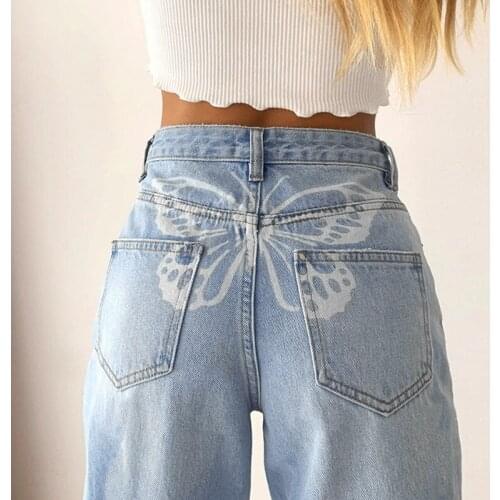 Uclio Womens Big Butterfly Print Drape Straight Jeans Womens Casual Pants