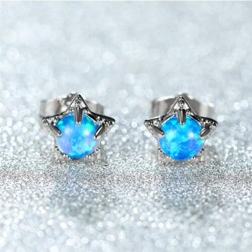 Boho Female White Blue Opal Stone Earrings Classic Silver Color Wedding Earrings For Women Charm Round Star Small Stud Earrings