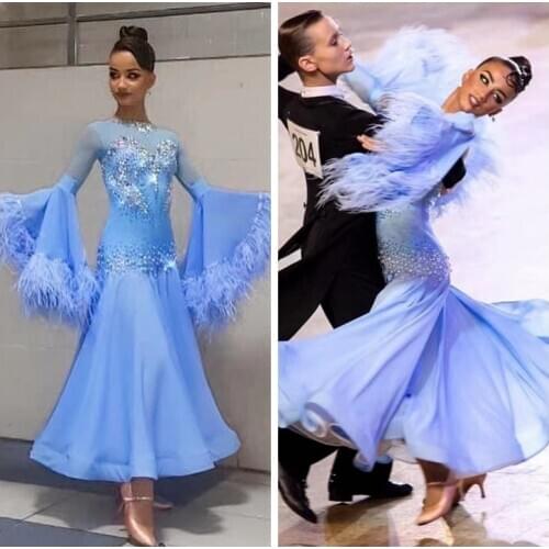 GOODANPAR New Standard Ballroom Dance Dress Women Girls Competition Costume Lycra Waltz Stage blue long sleeveostrich feather