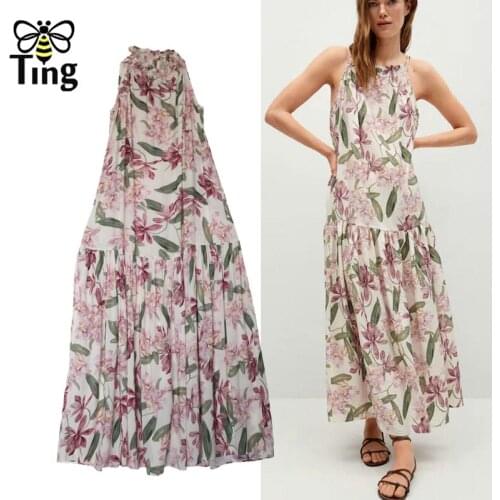 Tingfly Summer Ruched Casual Loose Floral Printing Long Boho Dresses Sleeveless Relax Fit Bohemian Vacation Beach Robes Vestidos
