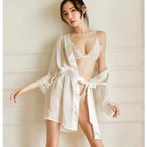 3pcs Women Hot Temptation Sex Night Porno Kimono Babydoll Bath Robe Sexy Bathrobe Peignoir Femme Wedding Bride Bridesmaid Robe