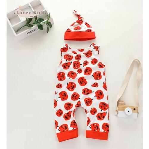 2020 Halloween Baby Boy Girl Romper and Hat Toddler Pumpkin Print Round Neck Sleeveless 0-24M Jumpsuit Playsuit Yellow/Black