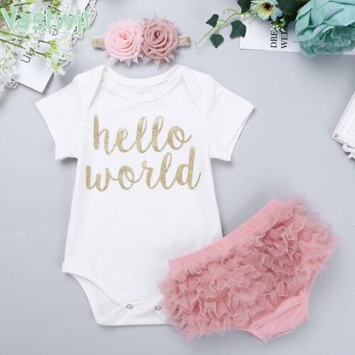 Baby Girls Clothes Sets Baby Girl Hello World Romper Tops with Bloomers 3PCS Newborn Baby Girls Baptism Clothing Bodysuit 3-18M