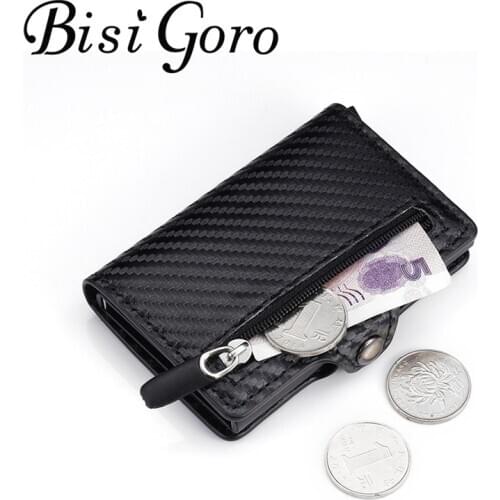 Bisi Goro 2020 New Coin Purse Anti-theft Carbon Fiber Credit Card Holder Male ID Holder With Zipper RFID Business Button Wallet