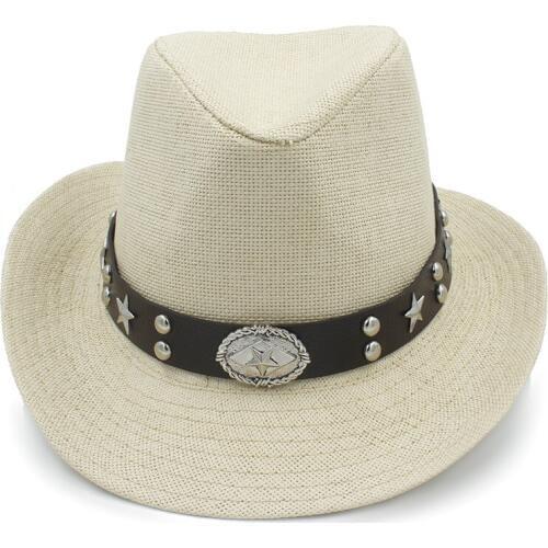 Fashion Women Men Straw Western Cowboy Hat For Summer Cowboy Cowgirl Sun Hat Sombrero Caps Punk Belt Good Package Size 58CM