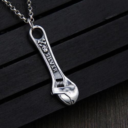Mens Necklaces Charms S925 Sterling Silver Mechanic Wrench Tool Pendant for Men Hip hop Biker Antique Silver-color 17*62MM