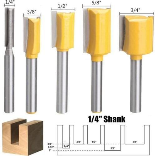 5Pc Straight Milling Cutter Router Bits Set 1/4 Inch Shank Trimming Cutter For Woodworking Tools 1/4" 3/8" 1/2" 5/8" 3/4"