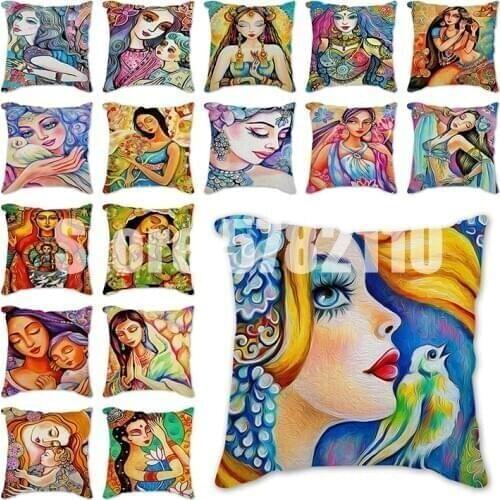 Colorful Retro Cushion Cover Vintage Oil Painting Pillow Cover Beautiful Girl Pillowcase for Home Sofa Home Decorative Pillow