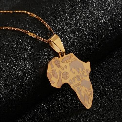 Stainless Steel Africa Map Pendant Necklaces Map of African Animal Pattern Jewelry