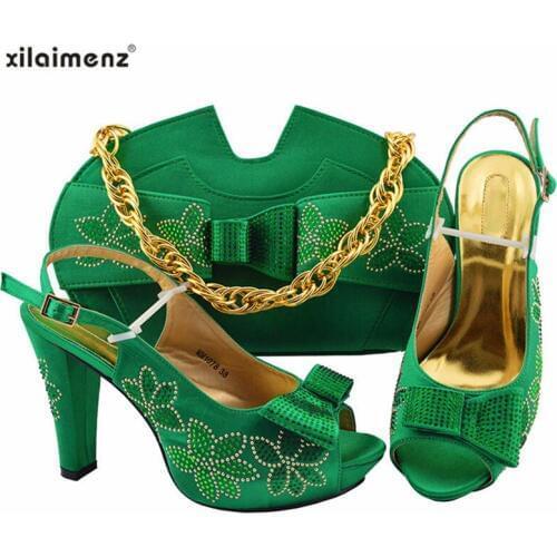 2019 New Arrivals Nigerian Shoes With Matching Bags Set African Womens Party Shoes and Bag Sets with Shinning Crystal in Green