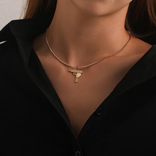 Fashion Gold Color Gun Shape Pendant Necklace For Women Lady Punk Antique Short Chain Chokers Necklaces Jewelry Party Gifts