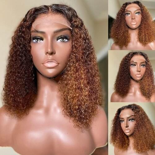 Ombre Brown Curly Human Hair Wig Short Bob Lace Front Wigs for Black Women Closure With Baby Hair Brazilian Remy Bleached Knots