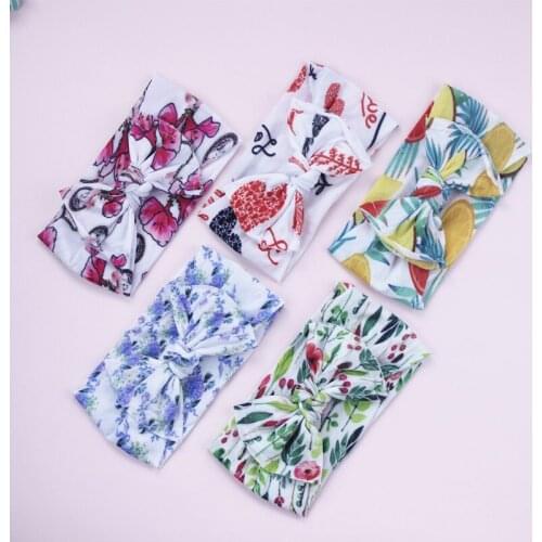 5 Colors Print Bows Wide Nylon Headbands,Newborn Baby Girls Knot Bow Elastic Stretchy Nylon Hairbands,Kids Girls Turban Headwrap